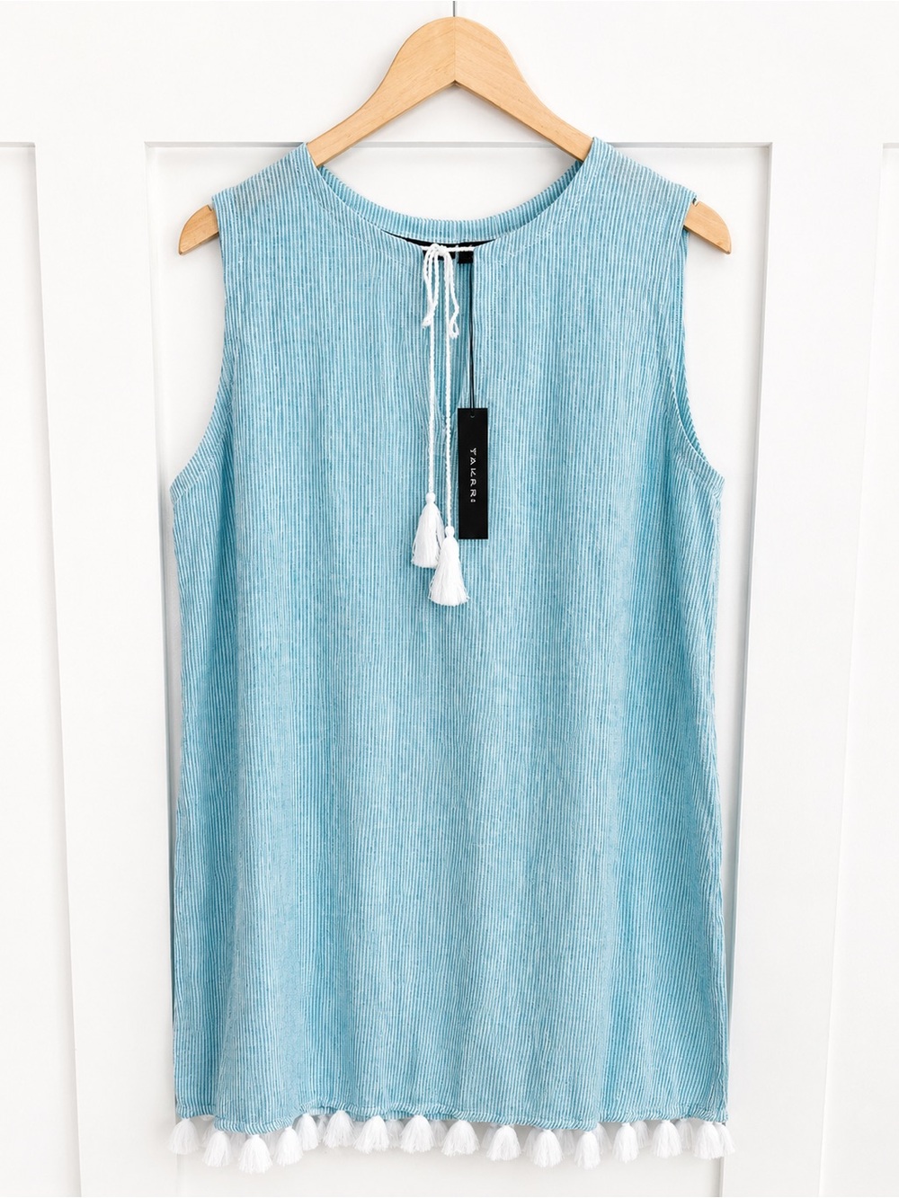 Tahari Sleeveless Swim Cover Up Tunic Size Medium Blue White Striped Linen Blend